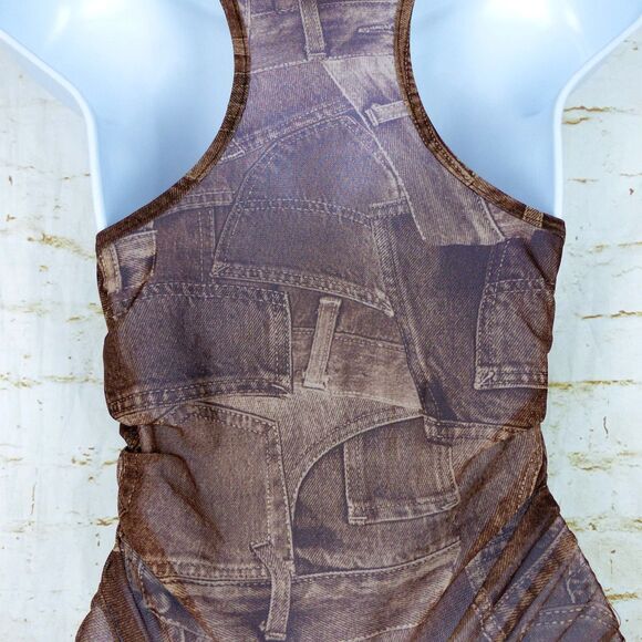 Y2K Bodysuit Women M Brown Jean Pocket Trompe Loeil Mesh Sheer Ruched V-neck VTG - Picture 8 of 15